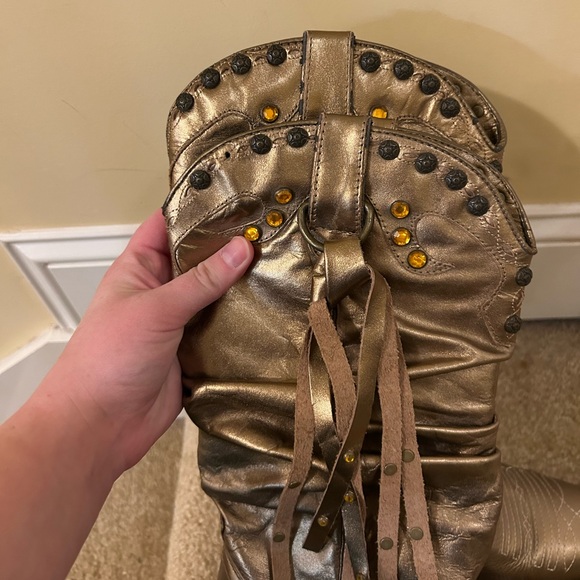 Steve Madden leather metallic gold stud detail slouch fringe cowgirl boots - Picture 4 of 13